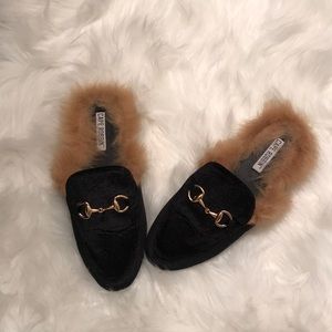 Fur slides with gold detail buckle